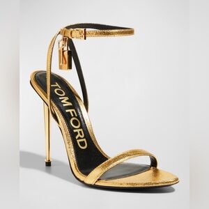 $1390 NWT TOM FORD Gold Lock Metallic Stiletto Sandals Shoes Size EU:36.5 US:6.5